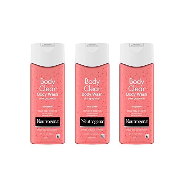 Neutrogena-Body-Clear-Acne-Treatment-Body-Wash-with-Salicylic-Acid-Acne-Medicine-Pink-Grapefruit-Body-Acne-Cleanser-to-Prevent-Breakouts-on-Back-Chest-Shoulders-85-fl-oz-Pack-of-3 Neutrogena Body Clear Acne Treatment Body Wash with Salicylic Acid Acne Medicine, Pink Grapefruit Body Acne Cleanser to Prevent Breakouts on Back, Chest & Shoulders, 3 x 8.5 fl. oz