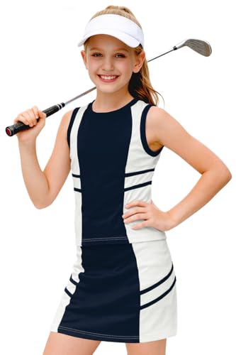 Image of AOBUTE Girls Tennis Golf Outfit Tank Top and Skirt with Shorts Set 4-12 Years