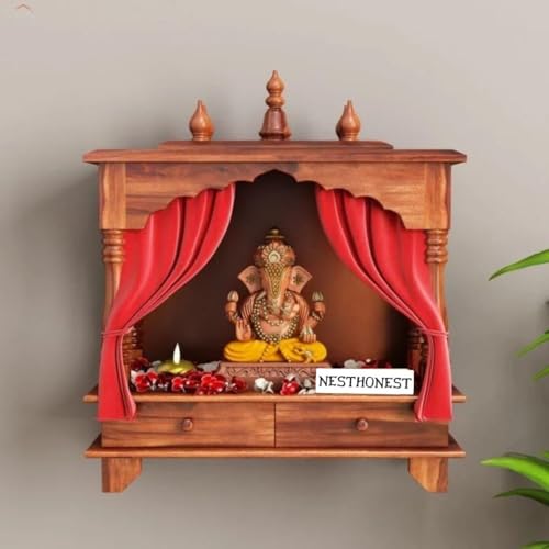 Image of Wall Mounted Solid Sheesham Wood Puja Mandir for Home Solid Wooden Temple for Puja Room with 2 Drawer Storage Pooja Ghar Wooden Furniture for Pooja Room Sheesham Wood, Honey Finish (Honey, 2 Drawers)
