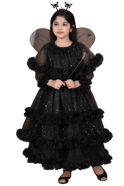 Image of Girls Glitter Tulle Tiered Gown with Butterfly Wings, Ruffle Detail, Fairy Costume Dress