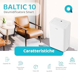 BALTIC 10, Deumidificatore 10L con Ruote, Flusso d'aria 100m³/h, Modalità Lavanderia, Funzione Scongelamento, Controllo Remoto, Indicatore Umidità, Gas R290, Timer 24 ore, 39dB