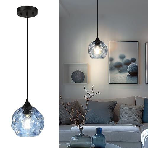 Emliviar 1-Light Pendant Lighting Hammered Glass, Modern Blue Ceiling Hanging Light for Kitchen, DYE287G1-MIL BK