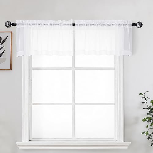 Image of OWENIE White Sheer Curtains for Kitchen Valance Set of 2, Small Short Modern Rod Pocket Voile Valance Curtain Window Treatment Decor for Living Room Bathroom Cafe Laundry Basement, 42 inch W x 14 inch L