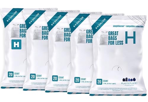 Image of Plasticplace Custom Fit Trash Bags, Compatible with simplehuman Code H Packs, White Drawstring Garbage Liners 8-9 Gallon, 18.5'' x 28'' (20 Count /5 Pack)