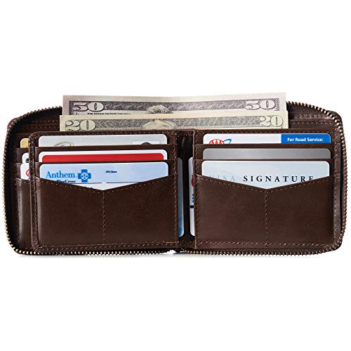 Image of Alpine Swiss Logan Mens Bifold Wallet All-Around Zipper Closure RFID Safe | Tested RFID Protection Genuine Full Grain Cow Hide 13 Card Slots Divided 2 Bill Sections Zips All Around Comes in Gift Box
