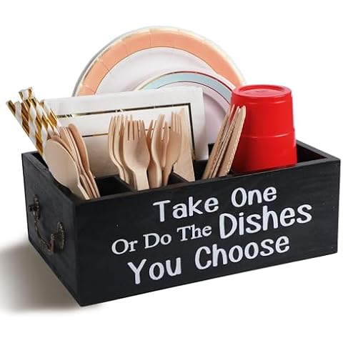 ACIAZAAZ Small Paper Plate Holder Utensil Caddy Organizer for Countertop, Kitchen Silverware Cups, Forks, Spoons, Plates, Napkins, Wood Dispenser Party Picnic Cover