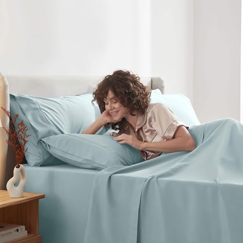 Image of Nestl Extra Deep Cal King Sheet Set - 6 Piece Breathable & Cooling Sheets - Hotel Luxury Bedding Set w /18-24 Inch Deep Pockets - Easy & Secure Fit - Super Soft, Wrinkle Free & Comfy - Light Blue