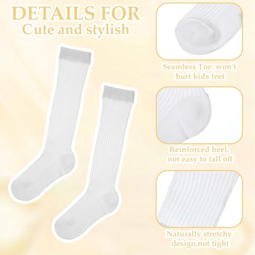 Girls Knee High Socks, 4 Pairs White Knee High Socks for Girls Knit Tall School Uniform Sock Long Seamless Dress Sock for Women Girl Boys Kids3