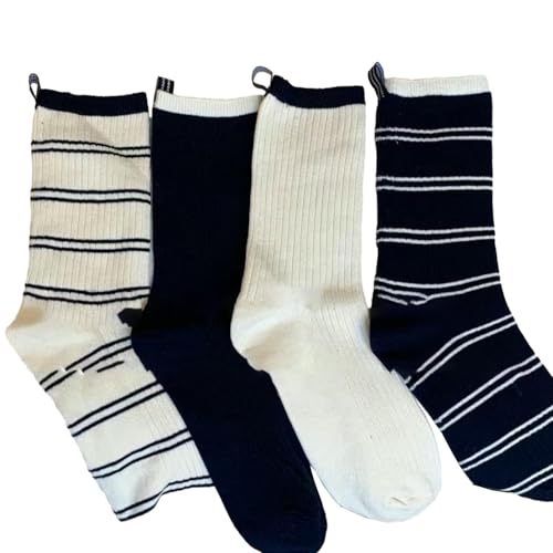 3 pairs - autumn and winter striped patchwork navy blue milk white college mid-tube stacking socks