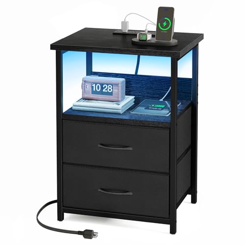 Fixwal Night Stand with Charging Station, LED Nightstand with U-S-B Ports and Outlets, 2 Fabric...