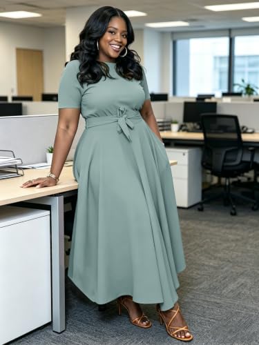 Image of Hostoyo Women Plus Size Formal A Line Maxi Dress Self Tie Waist with Pockets Elegant Round Neck Swing Long Dresses