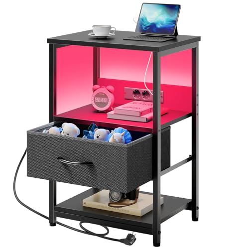 Rolanstar Nachttisch mit LED, Beistelltisch mit Steckdose & Stoffschublade, 3-stufiger Sofatisch mit offenem Regal, perfekt für Schlafzimmer, Wohnzimmer, kleine Räume, 40 x 30 x 60 cm