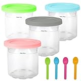 BinTiao 4 Pack Replacement Creami Pints Container for Ninja NC301 NC300 NC299AMZ Series Creami Ice Cream Maker, 16oz Cups with 4 Pack Spoon, BPA-Free, Dishwasher Safe (Pink/Mint/Gray/Blue)