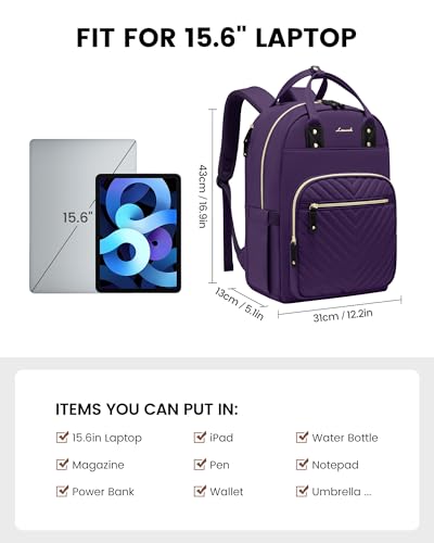 LOVEVOOK Backpack Womens, 15.6 Inch Laptop Travel Work Rucksack, Waterproof School Bag for Teacher, Anti Theft Ladies Computer Back Pack for Office Business College, Purple - Image 2