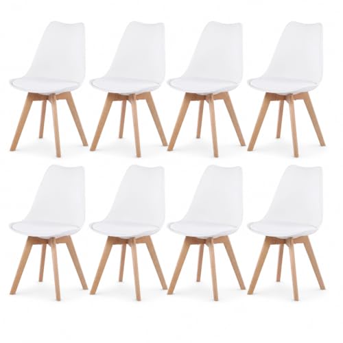 Eggree Pack De 8 Sillas De Comedor Sillas Cocina Nordica Con Asiento Tapizado Y Las Piernas De Madera De Haya Maciza, Blanco