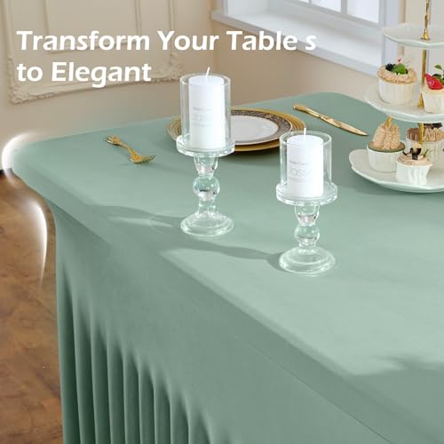 Image of NSSONBEN 2 pk Sage Green Spandex Tablecloth for 8 Foot Rectangle Tables,Wrinkle Free Fitted Spandex Table Covers 8ft Stretch Table Cloths with Ruffle Skirt for Parties Weddings Banquet Baby Shower