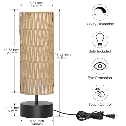 Rattan Table Lamp, Touch Control Bedside Table Lamp with Black Base, 3 Way Dimmable Nightstand Lamp with Dual-Layer Shade, Boho Night Light for Bedroom Living Room Home Office, 9W LED Bulb Included