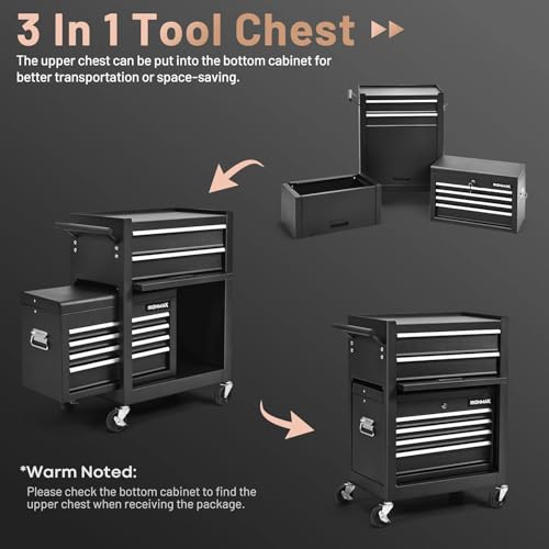 Image of Goplus 6 Drawers Tool Chest, Rolling Metal Tool Box with Universal Wheels, Protective Liner, Detachable Top Toolbox, Auto Lock, 3-in-1 Large Tool Cabinet for Garage Shop Auto Repair
