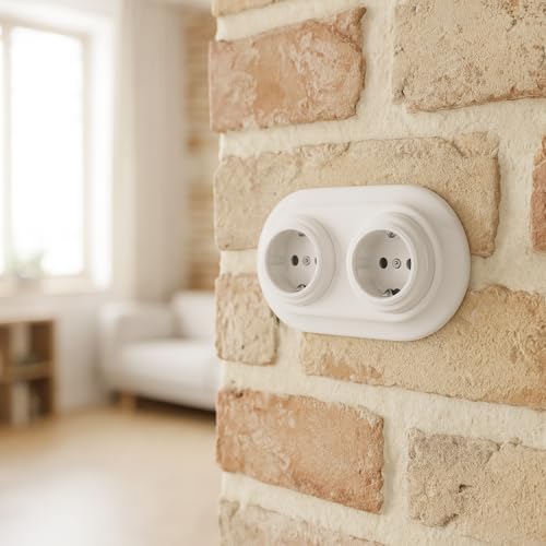 Unterputz Porzellan Retro Steckdose 2-fach, All-in-One, SET Serie PR1 weiß