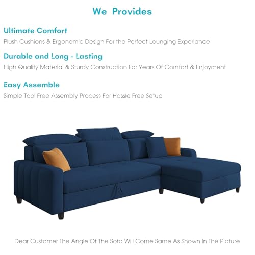 Image of Casaliving Gagnon RHS 4 Seater L Shape Corner Sofa Cum Bed for Living Room (Blue Fabric) Premium Fabric Sofa Cum Bed