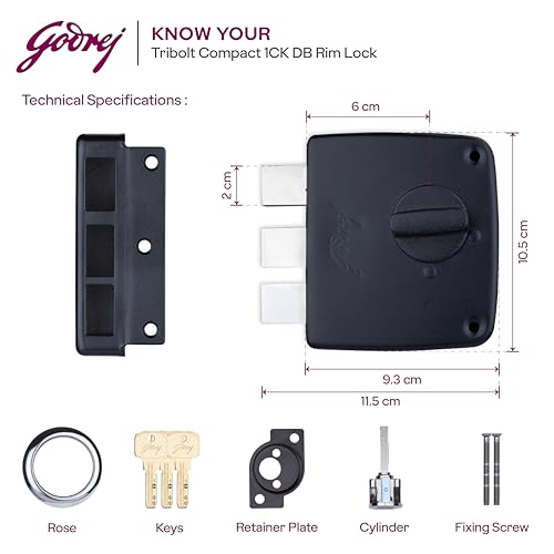 Image of Godrej Tribolt Compact 1CK DB | Triple Bolt Lock for Main Doors | 21mm Deadbolt | 60mm Backset | 3 Reversible Keys | 3-Bolt Locking | Textured Black Finish | 5 Year Warranty