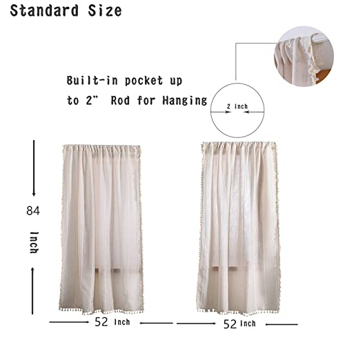 Roomtalks Boho Beige Curtains For Bedroom Living Room 84 Inch Length French Country Modern Farmhouse Cotton Window Curtain Panels Embroidery Striped Bohemian Tassel Draperies, 84’’L X 52’’W #TOP5