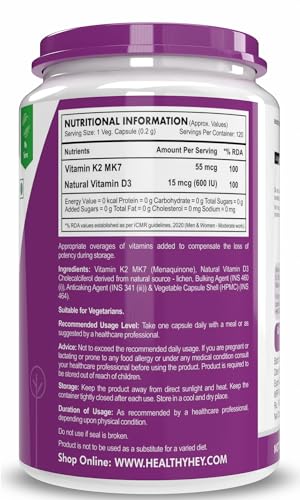 HealthyHey Nutrition Vitamin D3 K2 Supplement Capsules | D3 Derived from Natural | 100% Veg Vitamin K2 Mk7 + Vitamin D3 Capsule | Non-GMO |Non -Synthetic (120 Veg. Capsules)