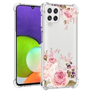 Jhxtech Phone Case for Galaxy A22 4G Case, Samsung M32 4G SM-A225F girls women, Slim Shockproof Clear Floral Pattern Soft Flexible TPU Protective Cover for Samsung Galaxy A22 4G Rose Flower