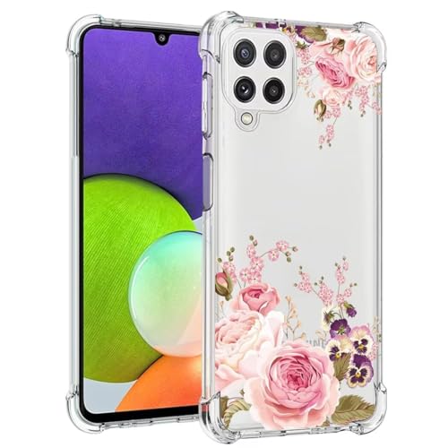 Jhxtech Phone Case for Galaxy A22 4G Case, Samsung M32 4G SM-A225F girls women, Slim Shockproof Clear Floral Pattern Soft Flexible TPU Protective Cover for Samsung Galaxy A22 4G Rose Flower
