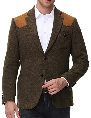 Men's Irish Wool Blend Blazer Notch Lapel Herringbone Tweed Sport Coat Brown M