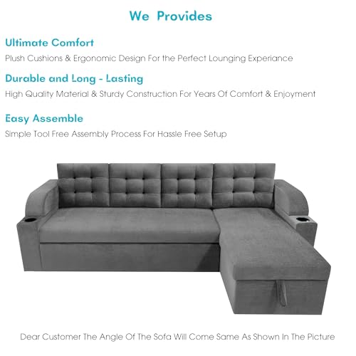 Image of Casaliving Grance RHS 6 Seater Corner Sofa Cum Bed for Living Room with Storage (Dark Grey Fabric) Premium Fabric Sofa Set