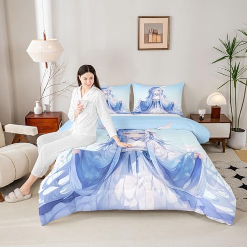 Image of Erosebridal Traditional Japanese Comforter Set, 3D Anime Bedding for Kids Girls, Kawaii Decor With Blue Butterfly, Down Comforter Full Size