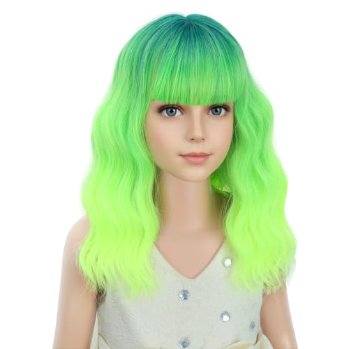 Image of PATTNIUM Neon Green Wig for Kids Child Short Curly Wavy Wig with Bangs Ombre Green Wigs Girls Lime Green Synthetic Wigs for Cosplay Costume Party