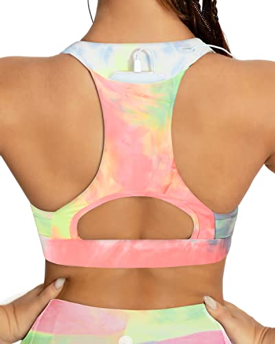 QUEENIEKE Women's Medium Support Back Pocket Energy Sport Bra Cotton Feel Size M Color Pink & Yellow Tie-dye