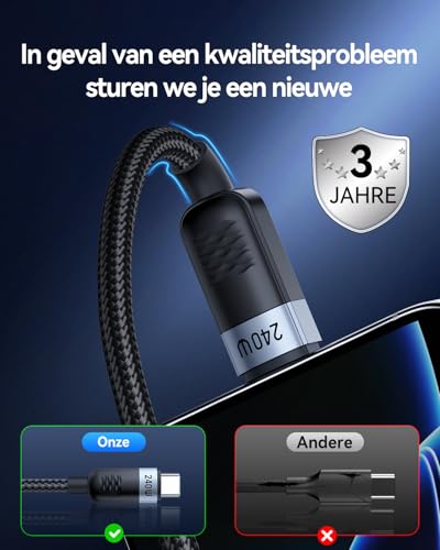 Rocoren 240W USB C to USB C Cable 2M/2Pack, PD 3.0 Fast Charging USB C to USB C Cable, nylon gevlochten USB-C-kabel voor iPhone 16, 15 Pro Max, Samsung Galaxy S25, S24, S23 Ultra Pixel 7, iPad Pro - Afbeelding 6