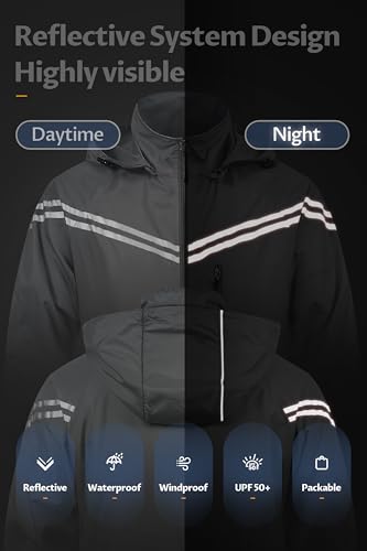 Image of CREATMO US Men's Packable Waterproof Running Rain Coats Reflective Cycling Jacket Windbreaker With Removable Hood