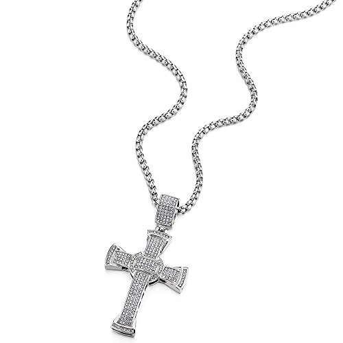 COOLSTEELANDBEYOND Mens Women Large Steel Cross Pendant Necklace with Cubic Zirconia and 30 inches Rope Chain3