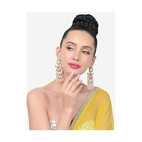 Zaveri Pearls Pink White Meenakari Peacock Inspired Kundan Dangle & Drop Earrings For Women-ZPFK15646 - Image 4