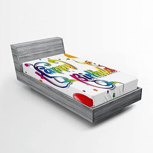 Ambesonne Birthday Fitted Sheet, Happy Birthday Words with Floral Swirled Details Stars Flying Balloons Print, Bed Cover with All-Round Elastic Deep Pocket for Comfort, Twin XL Size, White Multicolor