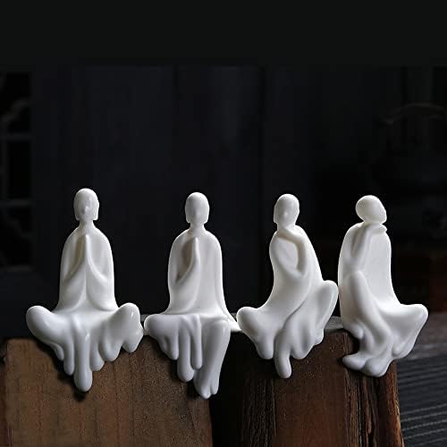 Kingzhuo Una colección de 4 bonitas estatuas de Buda sentado de cerámica blanca, hermosas esculturas de meditación, figuritas de monje pacíficas,
