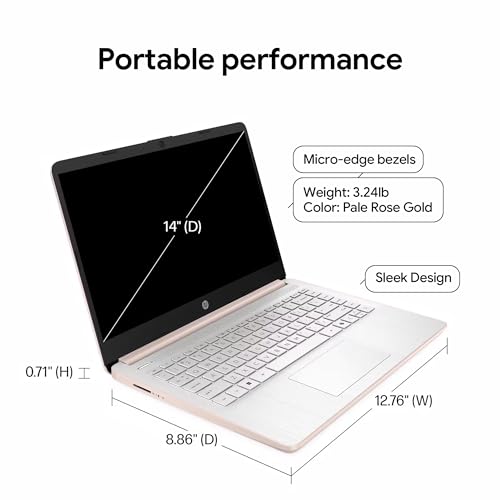 Image of HP New Gen 14 inch Laptop . MS Office. 128GB . 512GB SD Card . 4GB RAM . HD Display . 12-Hour Battery . WiFi . Bluetooth . Windows 11 . Pale Rose Gold