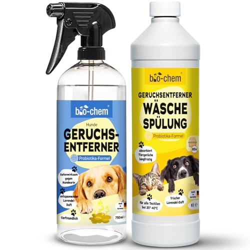 bio-chem Geruchsentferner Set | Hunde-Spray 750 ml + Wäschespülung 1L | Mikrobiologisch & effektiv | Gegen Tiergeruch auf Textilien & Oberflächen