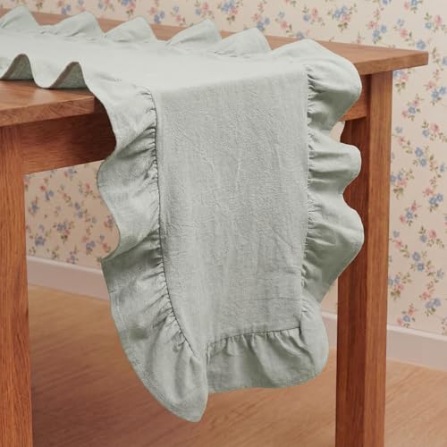 Tegeme Green Ruffle Table Runner 12''x71'' Cotton Sage Green Scalloped