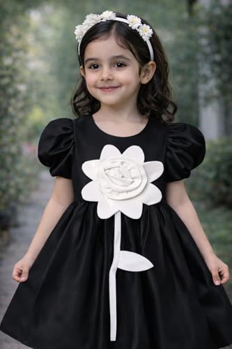 Image of Buy & Try Girls Satin Rose Flowered Frock Dress, Puff Sleeves, Knee Length Elegant Occasion Outfit