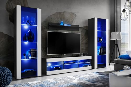 Komodee, Juego de Muebles Tivoli Grande, Blanco Negro, Ancho 290 cm x Alto 159 cm x Fondo 35 cm, LED Azul, para Sala, Dormitorio
