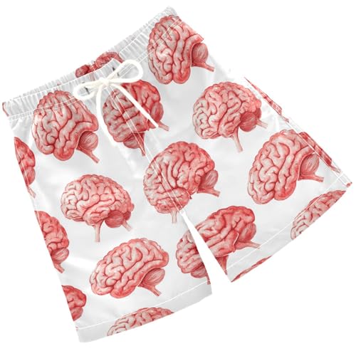 Pigsaly Boys' Swim Board Shorts Watercolor Cute Red Human Brain Body Boy's Swim Trunks Kids Swimwear M