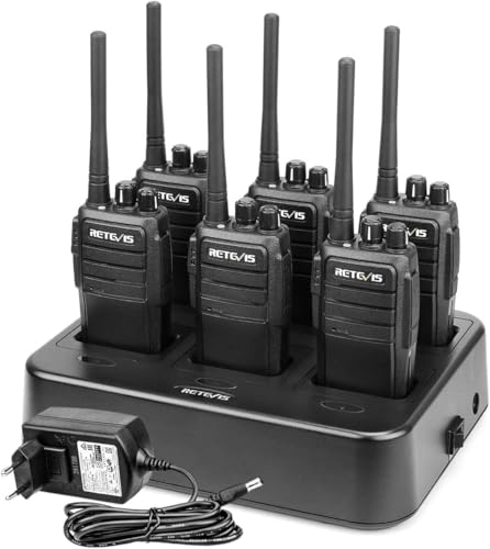RT21 Walkie Talkie Lungo Raggio Professionale Ricetrasmittenti con Base Ricarica a 6 Slot Suono Chiaro Robusto Licenza-Libero PMR446 Radio per Edilizia Sicurezza Negozi Nero 6 Pezzi