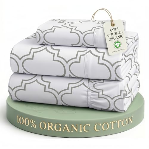 Image of LANE LINEN Twin Sheets 100% Organic Cotton GOTS Certified Percale Weave Deep Pocket 3 Piece Soft Breathable Cooling Lightweight All Season Machine Washable Crisp - Trellis-Silver