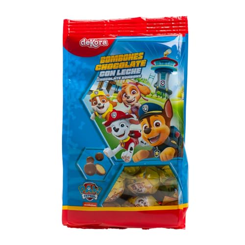 Dekora -Pack 9 Bombones Chocolate Rellenos Crema de Leche Patrulla Canina 100gr - Ideal Celebraciones, Cumpleaños y Aniversarios. Divertidos y Deliciosos para Niños