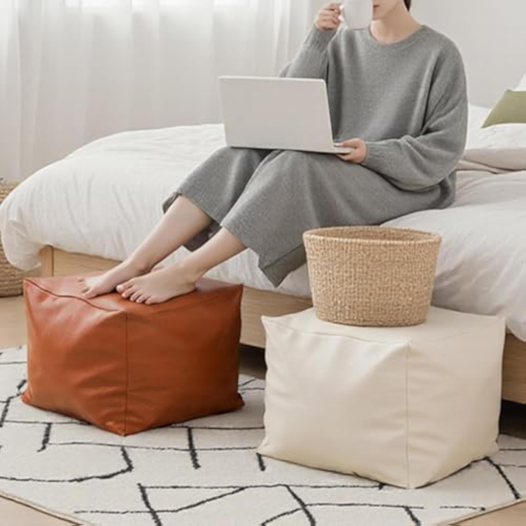 Unfilled Square Pouf Cover for Indoor Home Use, White